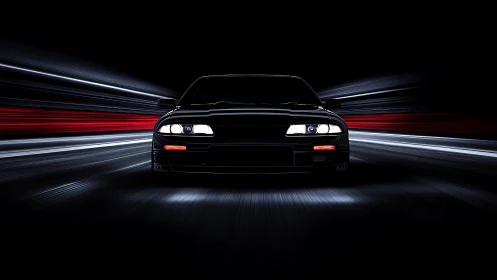 Black sports car front view in dark tunnel motion blur.