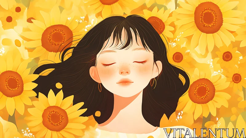 Sunlit girl rests peacefully amid bright summer sunflowers.