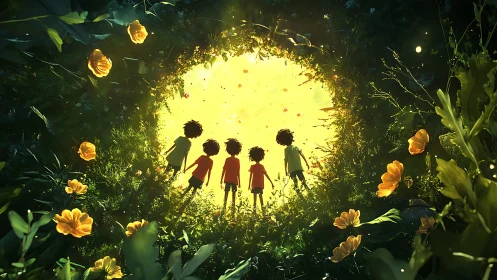 Children silhouetted against golden light emerging from nature.