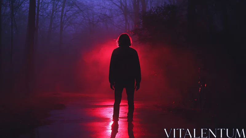 Silhouette of lone figure on misty forest road at night.