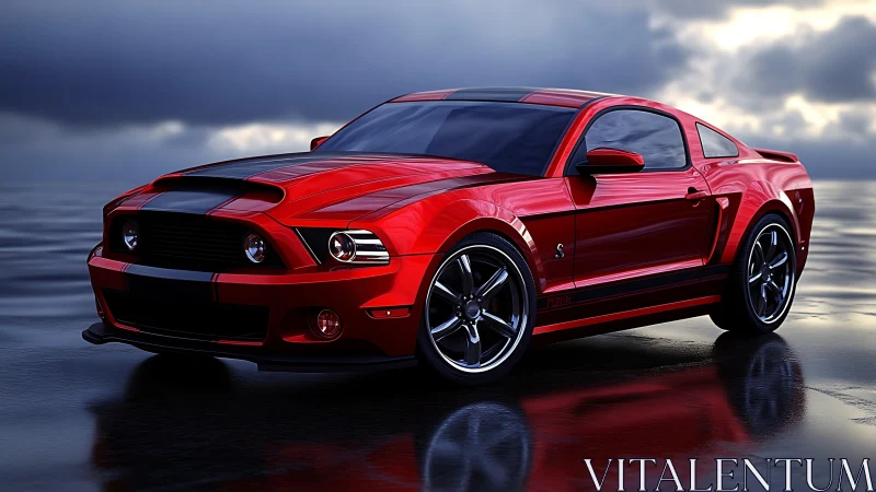 Glossy red muscle car poised on wet reflective tarmac.