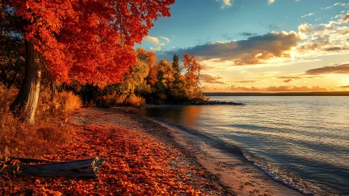 Sunlit shoreline curves beside dense red autumn foliage
