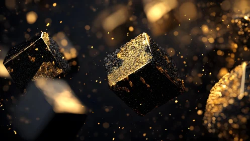 Gilded stardust cubes drifting through velvet darkness.