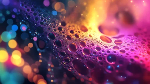 Iridescent microbubble field under prismatic neon bokeh light.