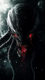 Nightmarish alien predator with glowing red core and tendrils.