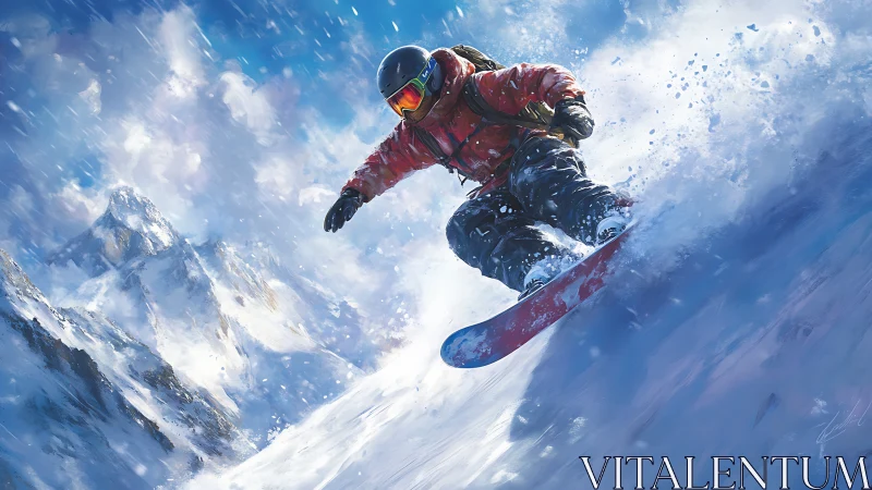 Snowboarder carves steep alpine slope through powder spray