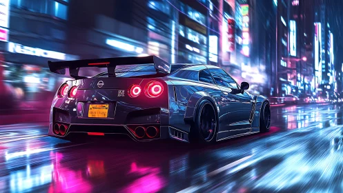 Neon rain racer storms through electric midnight streets.