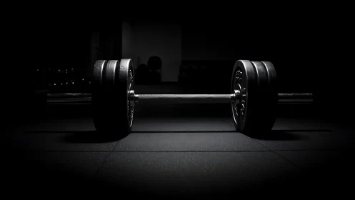 Olympic barbell with bumper plates under dramatic low key light