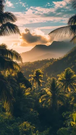Tropical valley with palm trees under low evening sunlight.