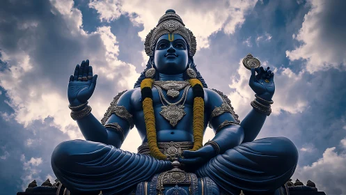Majestic blue deity statue sits serenely beneath stormy skies