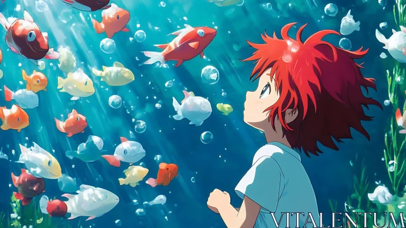 Red haired child observing colorful fish underwater scene.