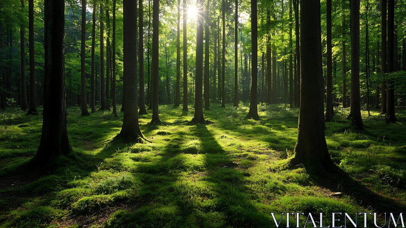 Sunlight streaming through lush green forest in tranquil morning light.