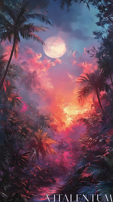 Tropical forest under large moon and luminous sky at dusk.
