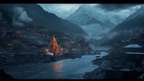 Mountain temple city glows beside frozen river at dusk