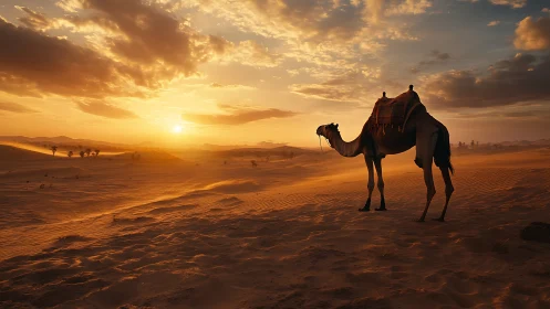 Single saddled camel in golden hour desert dunes panorama