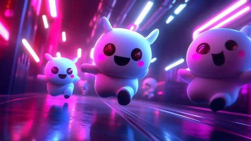 Neon cyber corridor fills with racing kawaii creatures.