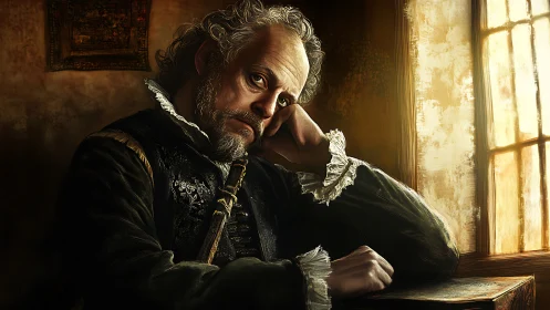 Melancholy courtier dreaming by a sun-streaked window.