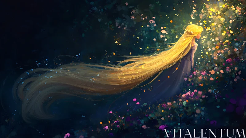 Golden-haired girl walks through glowing nocturnal garden