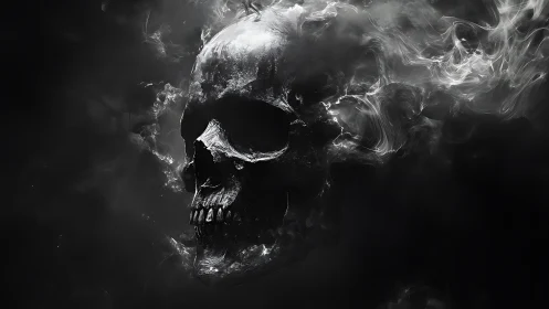 Smoldering phantom skull drifting through liquid night.