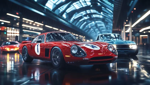 Red vintage race car under neon-lit rainy city tunnel.