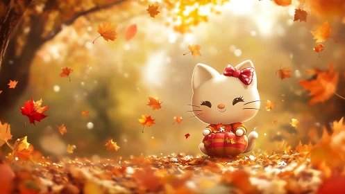 Autumn's Lucky Feline: Beckoning Joy Through Falling Leaves.