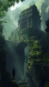 Explorer surveys towering jungle temple ruins in mist