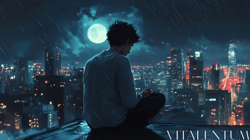 Moonlit city rooftop invites quiet reflection in gentle rain