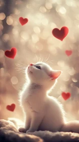 White Kitten Gazing Upward Amid Floating Hearts.