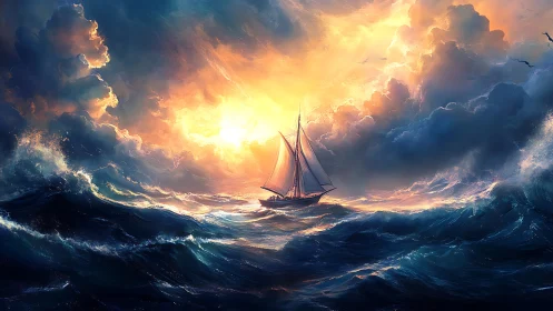 Sailing ship cuts storm waves under blazing sunrise sky
