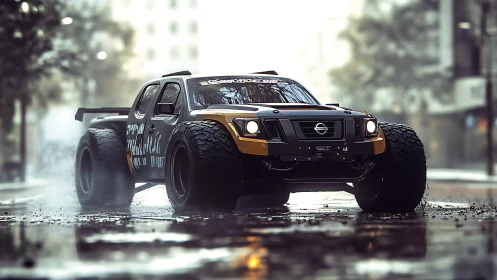 Powerful custom off-road truck rumbles through wet city streets