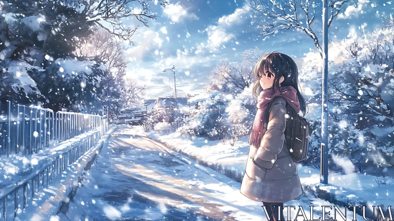 Quiet girl wandering through a bright snowfall morning street.