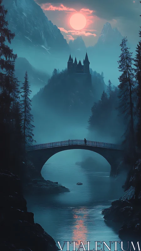 Moonlit alpine bridge and distant castle in cyan mist
