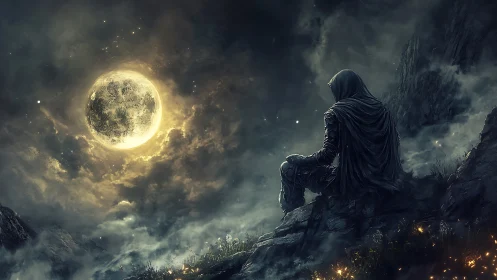 Hooded wanderer resting under a glowing, dreamlike moon.