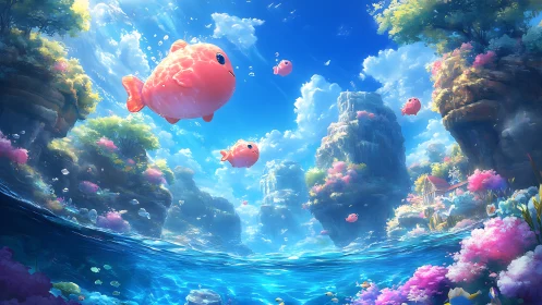 Floating pink fish drift through bright fantasy seascape