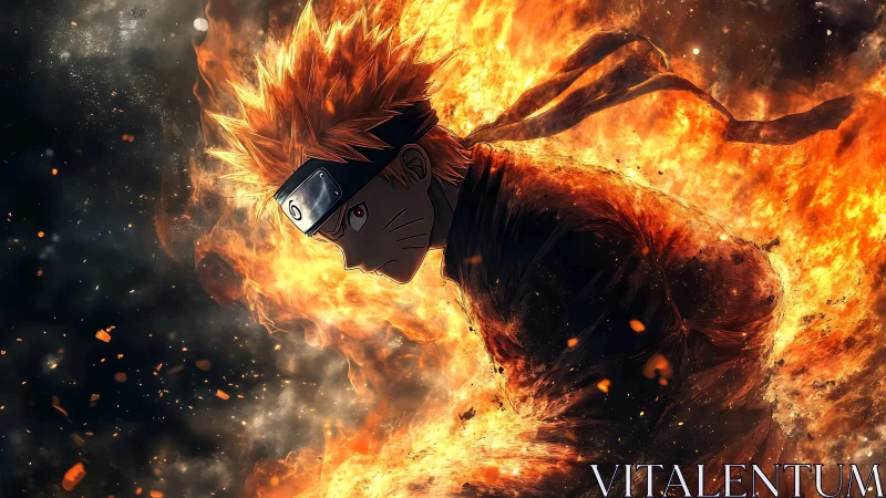 Dynamic anime warrior engulfed in volumetric fire vortex motion