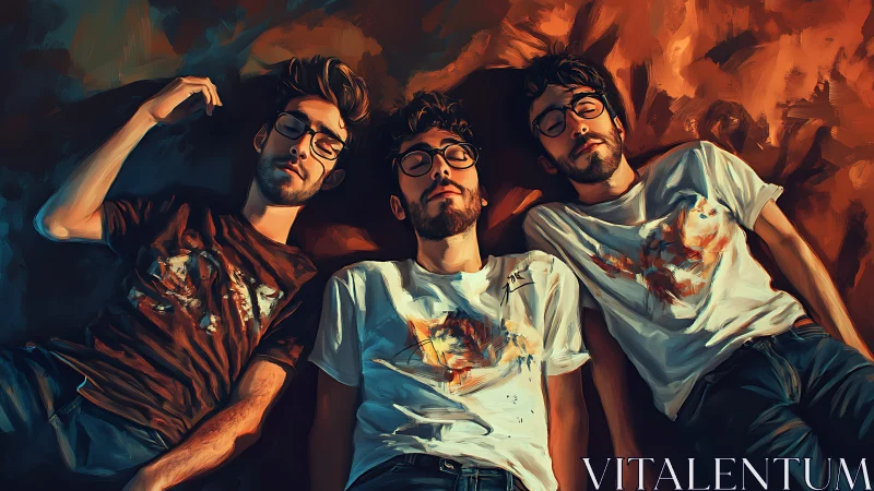 Dreamlike triple self-portrait on glowing painted bedding.