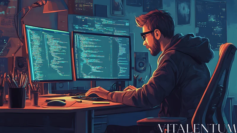 Night coder works at dual monitors in neon-lit studio