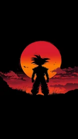 Silhouetted anime warrior stands before blazing red sunset.