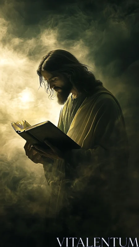 Solitary robed figure studies sacred text in glowing mist