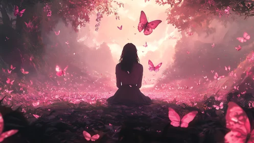 Enchanted girl in pink butterfly forest at glowing dusk.