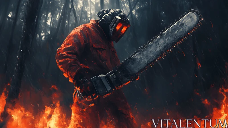 Armored chainsaw operative advances through infernal forest