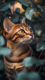 Curious striped cat peeking through lush leafy hideaway.