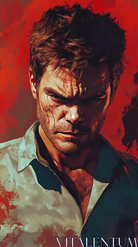 Scarred hero in bold red portrait filled with raw resolve.