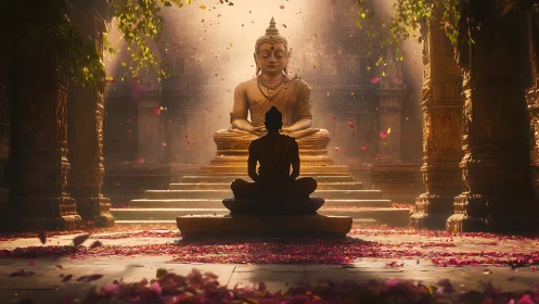 Meditating monk faces golden Buddha statue in sunlit temple