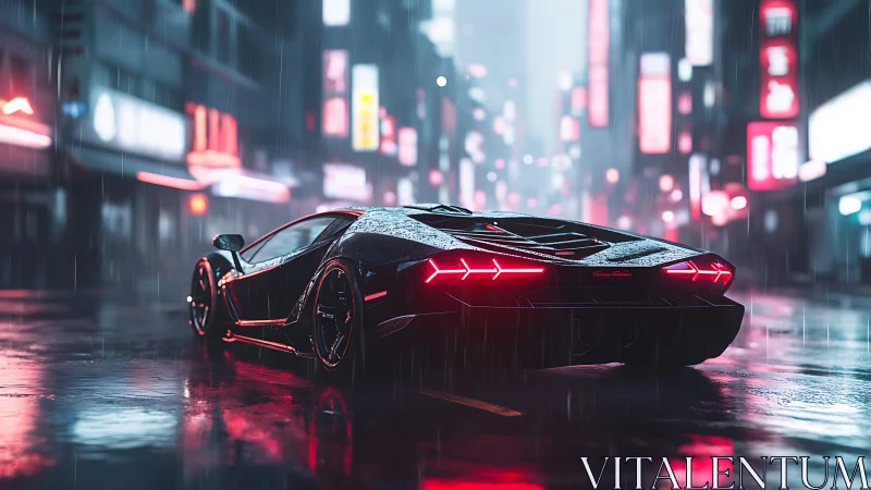 Low supercar rear view dominates wet neon city street