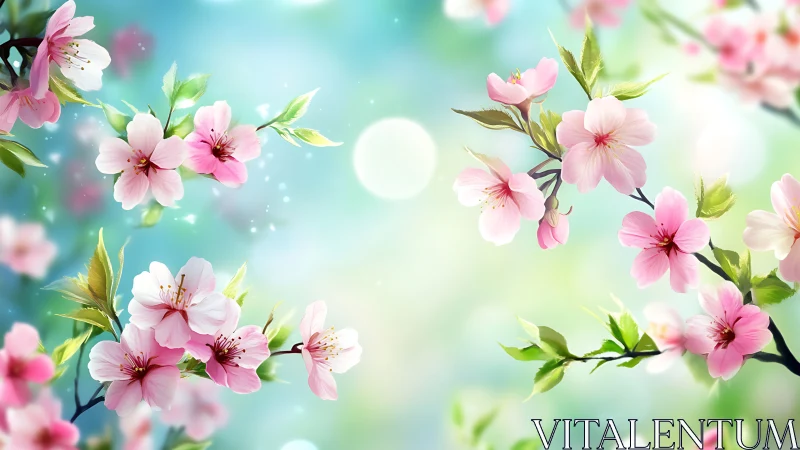 Spring Blossoms in Soft Focus: Pink Flowers Against Turquoise Sky.