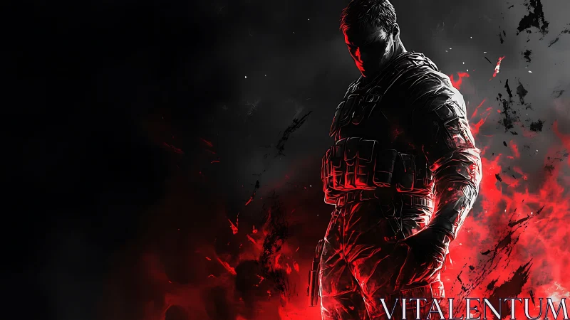 Armored soldier emerges from red inferno against darkness.