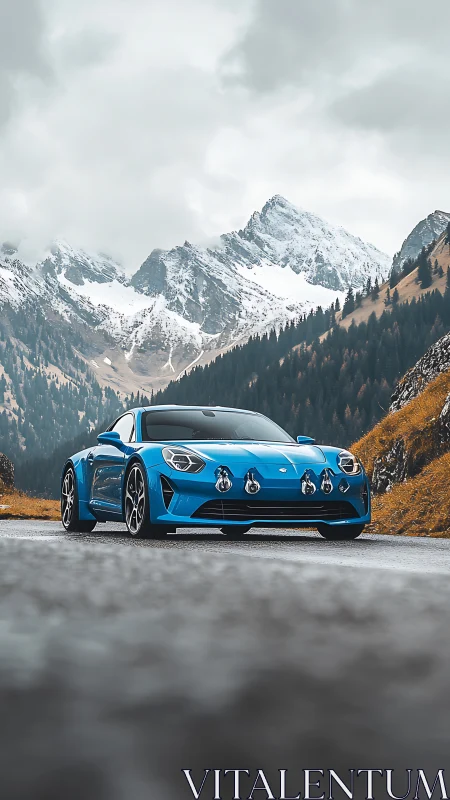 Electric-blue sports coupe dares the brooding alpine pass.