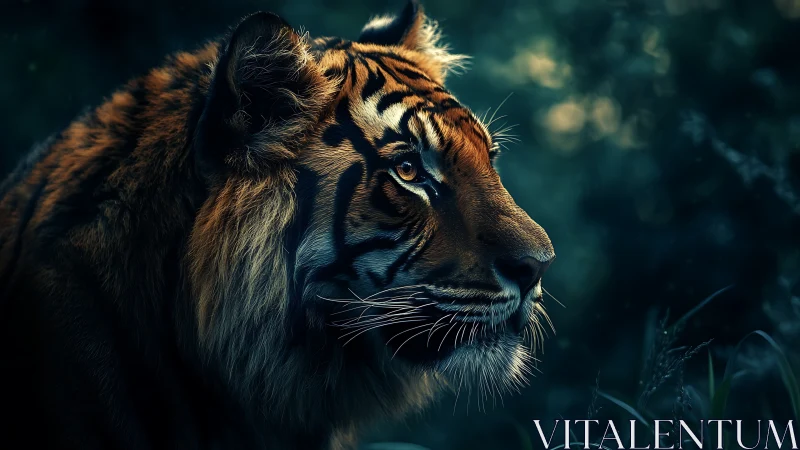 Profile view of a tiger in dense dark green foliage.