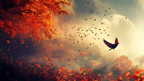 Golden autumn sky lets a flock of birds dance in light